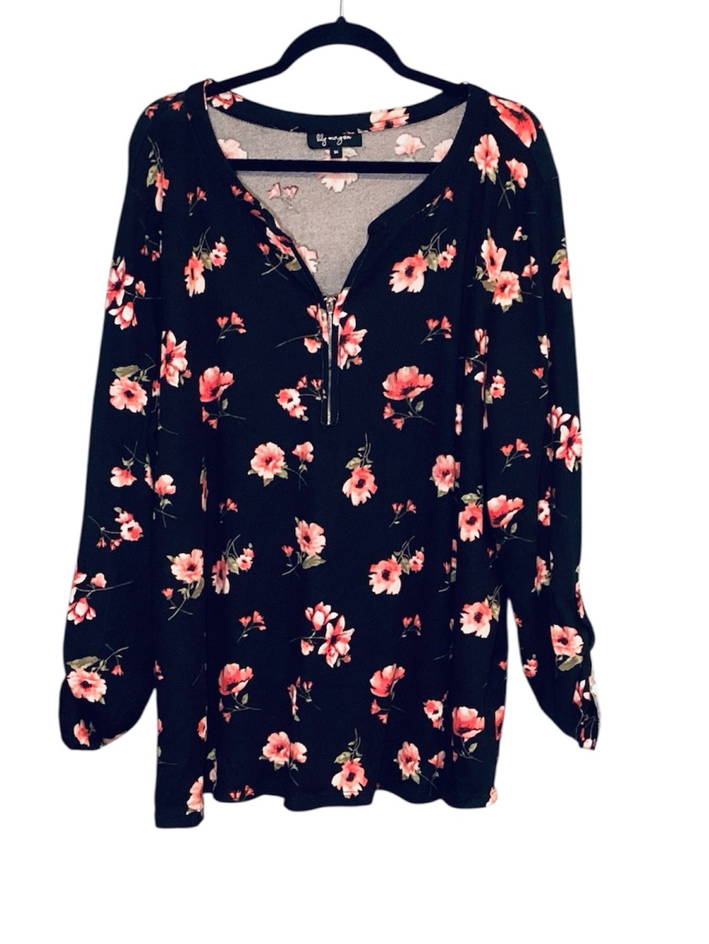 🍄 Lily Morgan Floral Zip-Neck Long Sleeve Top, Size 3X
